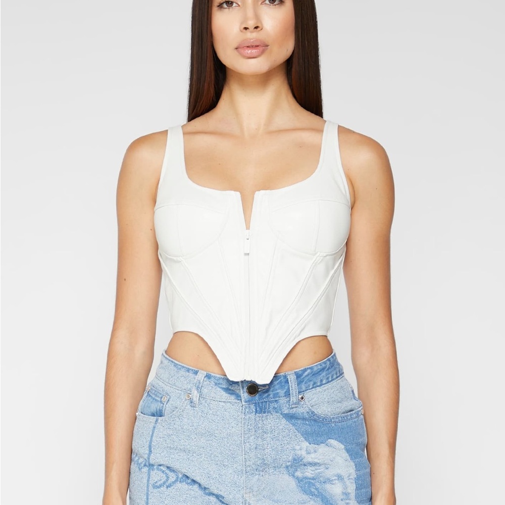 MANIÈRE DE VOIR - Vegan Leather Corset Top - White, Size US 8 / White
